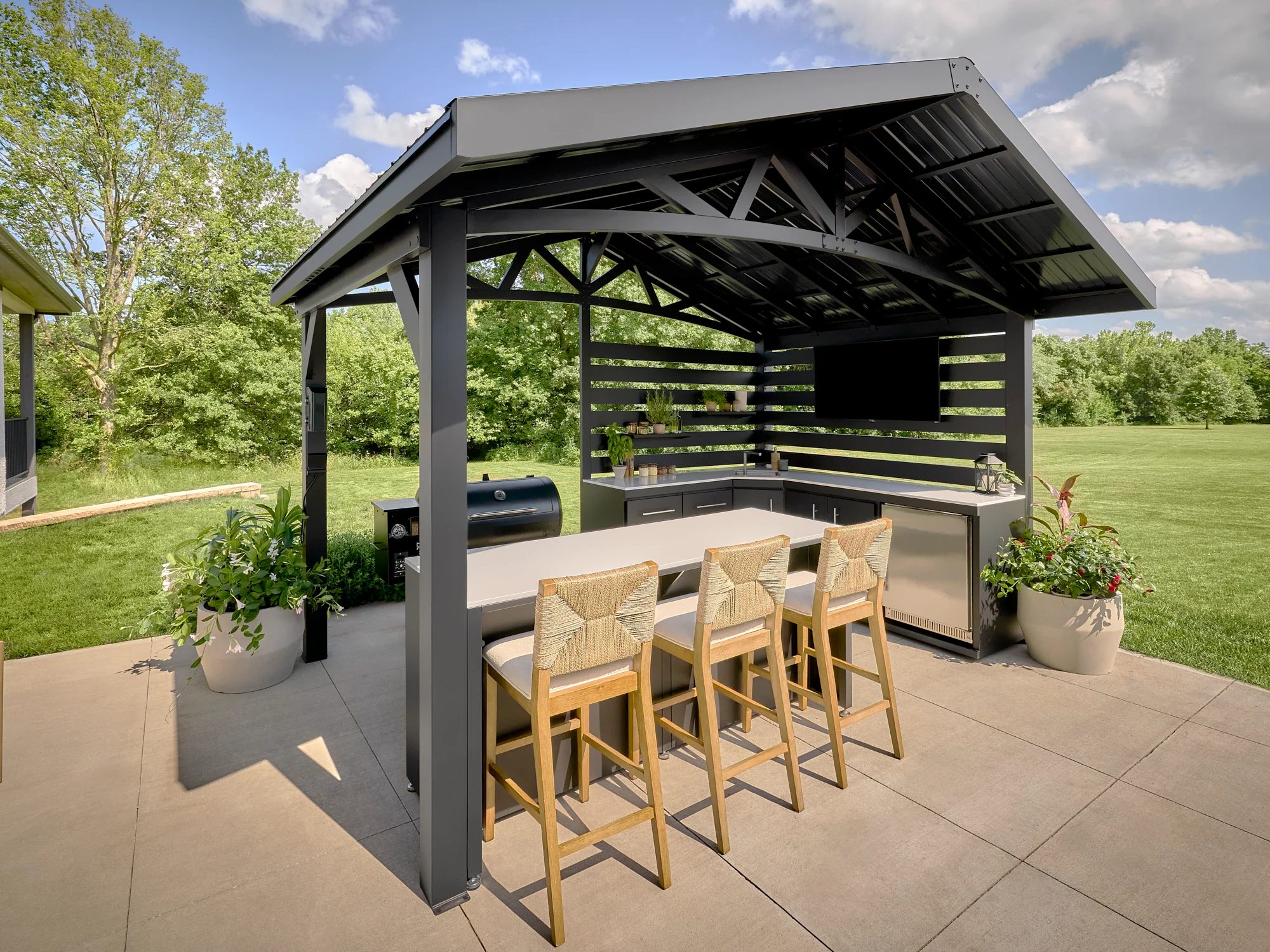 Langston | Covered Appliance-Ready Outdoor Kitchen with Refrigerator & Sink