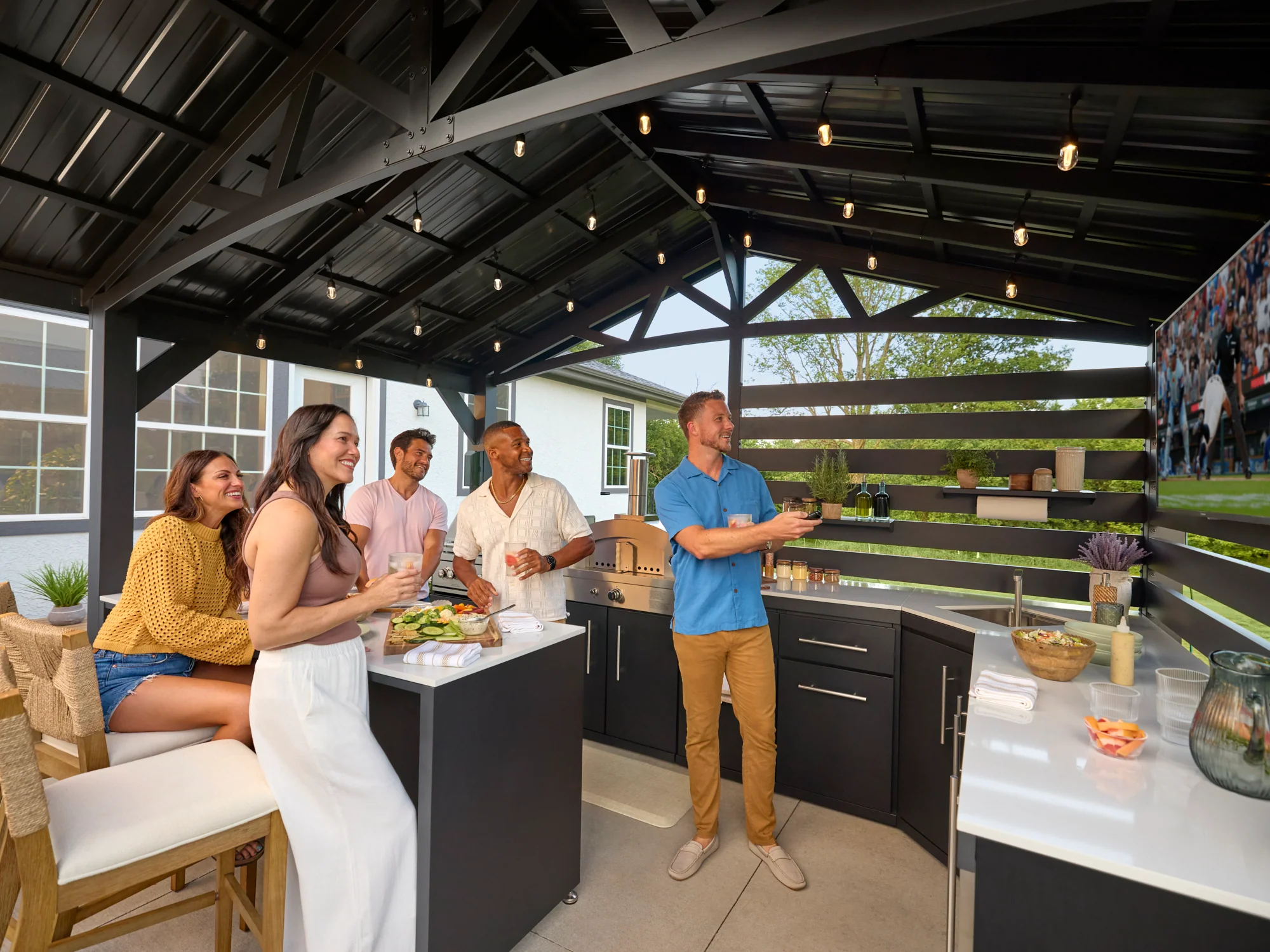 Langston | Covered Walk-In Outdoor Kitchen with Built-In Grill & Pizza Oven - Image 31